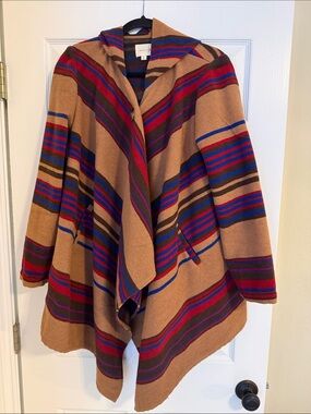 Maison Jules Camel Striped Hooded Draped Sweater with Blue & Red Accents